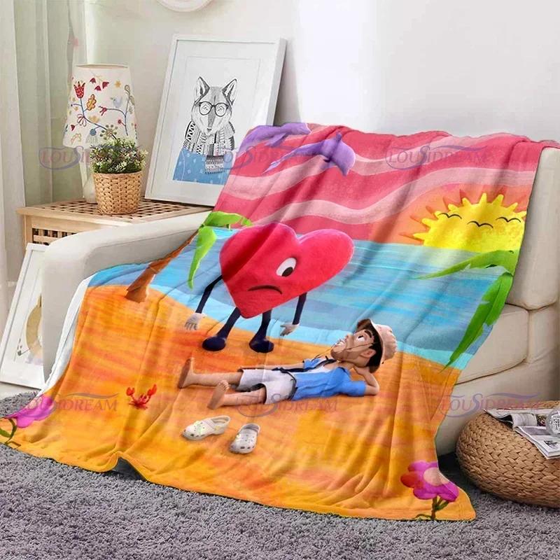 Cartoon Bad Bunny Coperta Coperte di flanella Musica pop latina Coperte calde in pile di peluche per biancheria da letto per divano adulto per tutte le stagioni