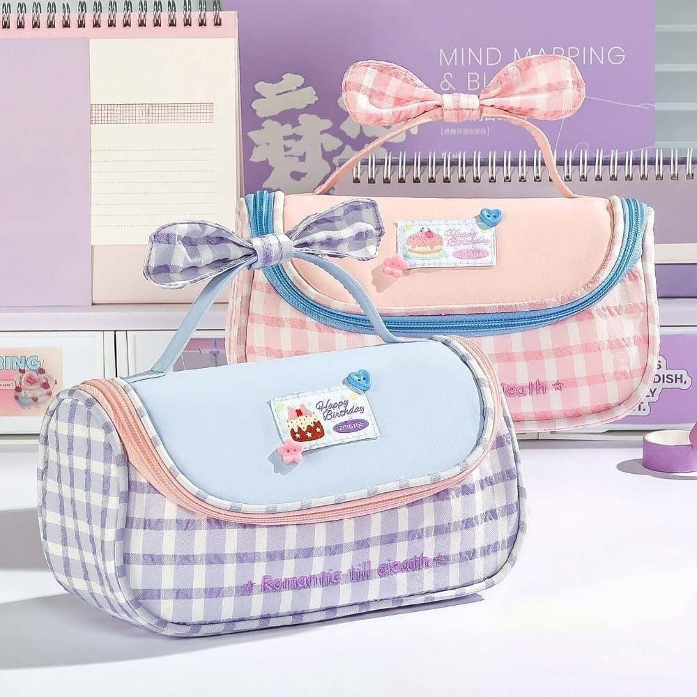 Cake Bowknot Large Bow Pencil Case Plaid Grids Cloth Stationery Bag Kids Children