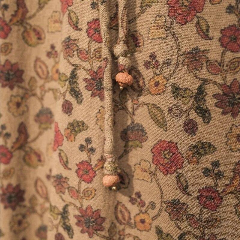 Johnature Dámské vintage nepravidelné šaty s květinovým potiskem, výstřihem do V a sedmirukávovými rukávy, podzimní měkké dámské šaty