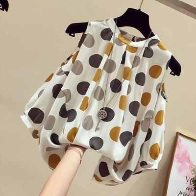 Polka Dot Off-the-shoulder Imitation Chiffon Women's Short-sleeved Summer Style Small Shirt Western Style Design Top