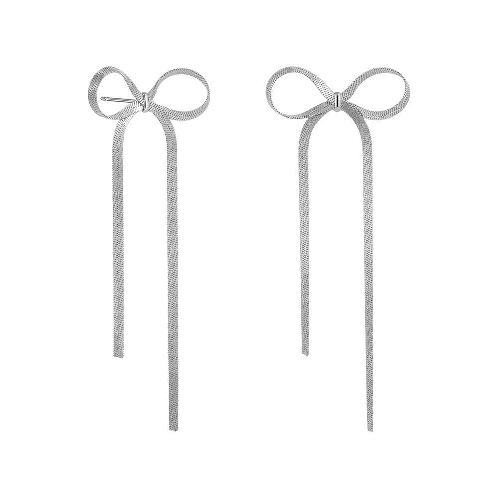 Fashion Long Tassel Bow Earrings for Women stainless steel Flat Snake Chain Bowknot Drop Earrings Statement  Girls Gift