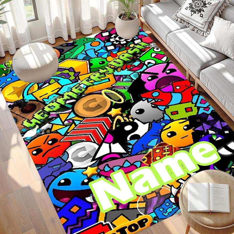 Custom Name Personalized Geometry Dash Print Carpet, Versatile Home Decor Rug, for Playroom, Apartment, Balcony, Entryway, Hallway Gift