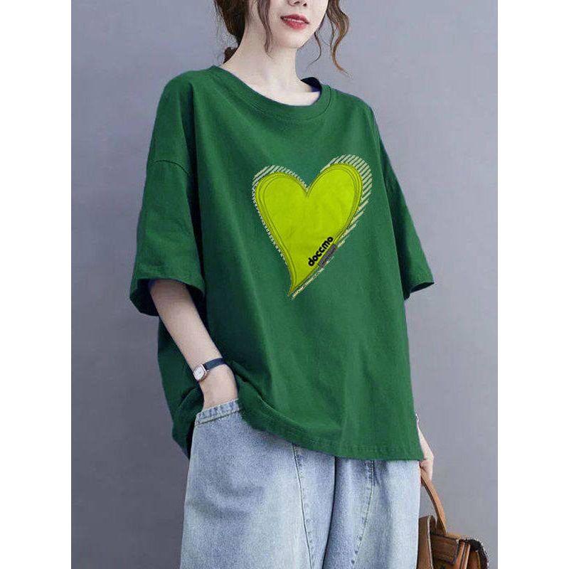 150kg Plus Size Korean Style Women's Short-Sleeve T-Shirt, Heart-Shaped Design, Loose Fit, Slimming Top, Cover-Up Shirt for Women