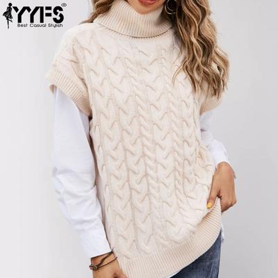Women's Fashion Casual Fall Winter Solid Color Print Sleeveless High Neck Tops Women's Clothing Woolen Knitwear Sweaters