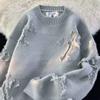 Men's Autumn/Winter Retro Ripped Knit Sweater - Round Neck, Thickened Pullover, Trendy American & Japanese Style