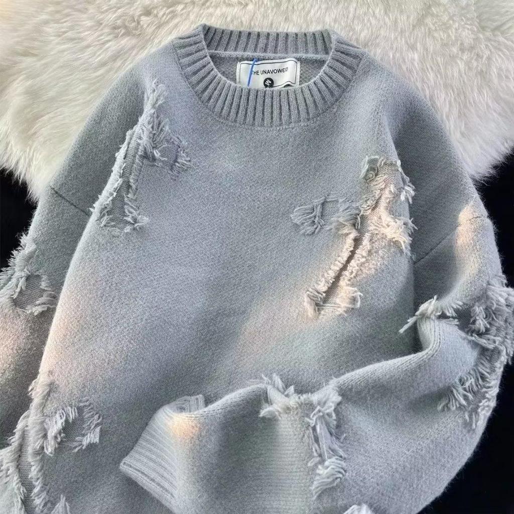 Men's Autumn/Winter Retro Ripped Knit Sweater - Round Neck, Thickened Pullover, Trendy American & Japanese Style