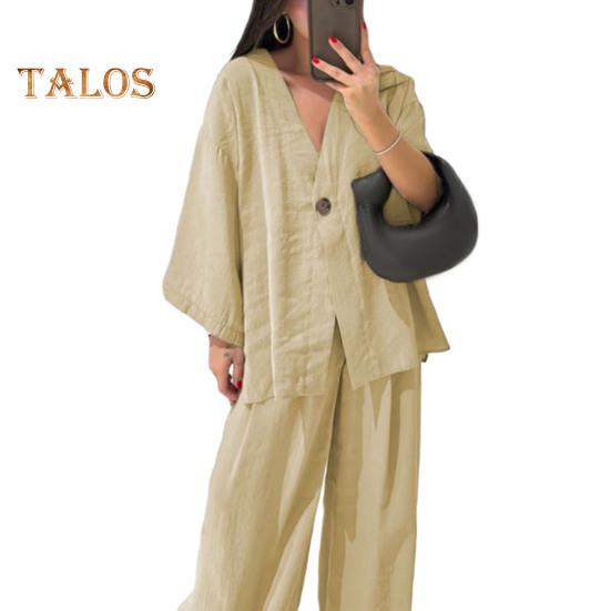 Dámský bavlněno-lněný dvoudílný outfit s dlouhým rukávem, top s výstřihem do V a zapínáním na knoflíky, široké kalhoty, ležérní souprava na doma