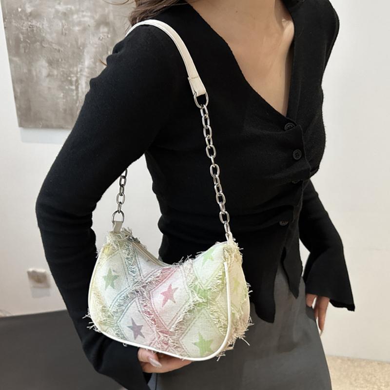 Womens Star Pattern Chain Decor Small Shoulder Bag Trendy Vintage Y2k Denim Underarm Bag Korean Star Women's Handbag Lady KTY
