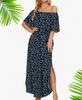 European and American summer new printed one-word shoulder short-sleeved long dress