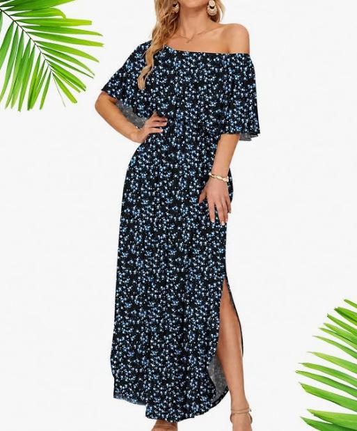 European and American summer new printed one-word shoulder short-sleeved long dress
