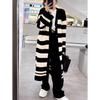 Autumn Lazy Wind Knitted Cardigan Over Knee Coat Autumn and Winter Long V-Neck Striped Contrasting Sweater Jacket Women