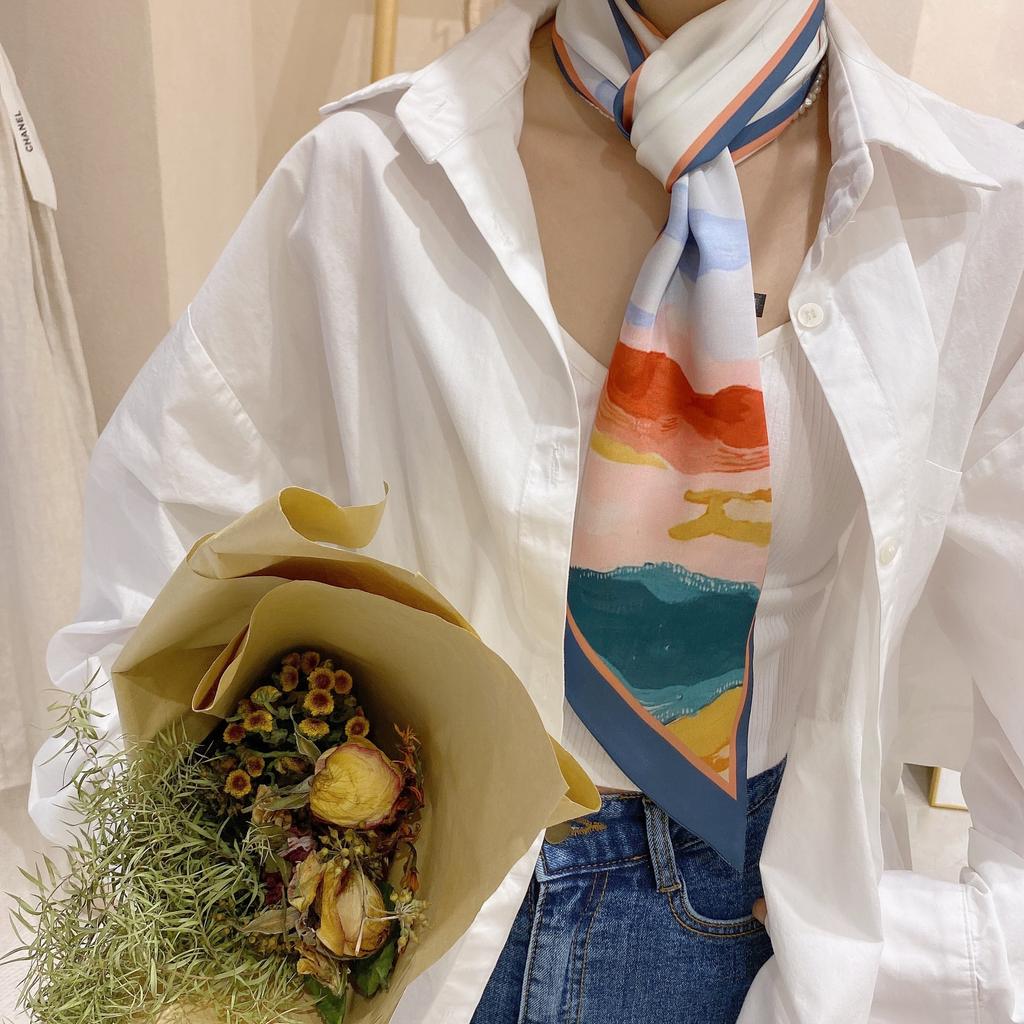 Primavera e verão cetim longo cachecol para mulheres protetor solar xale moda beleza cena cetim longo cachecol versátil viagem cachecol