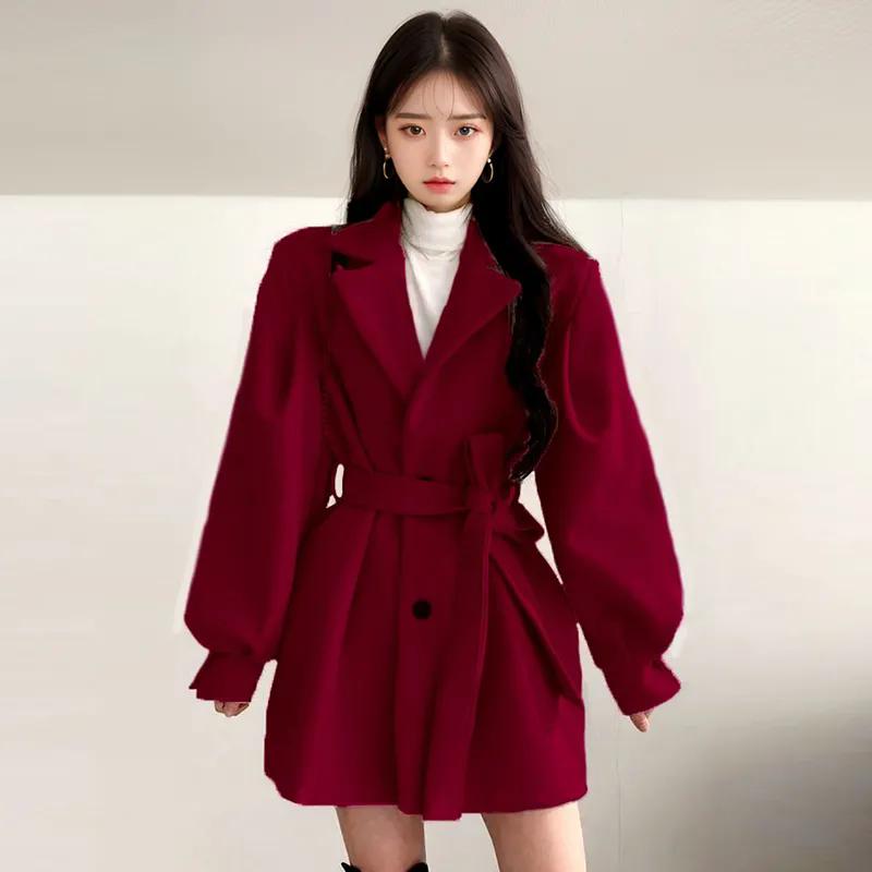 

WTEMPO Однотонные женские толстые теплые пальто средней длины с отложным воротником и поясом на осень-зиму большого размера S красный