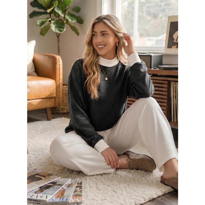 Women S Round Neck Fleece Striped Long Sleeve Loose Top