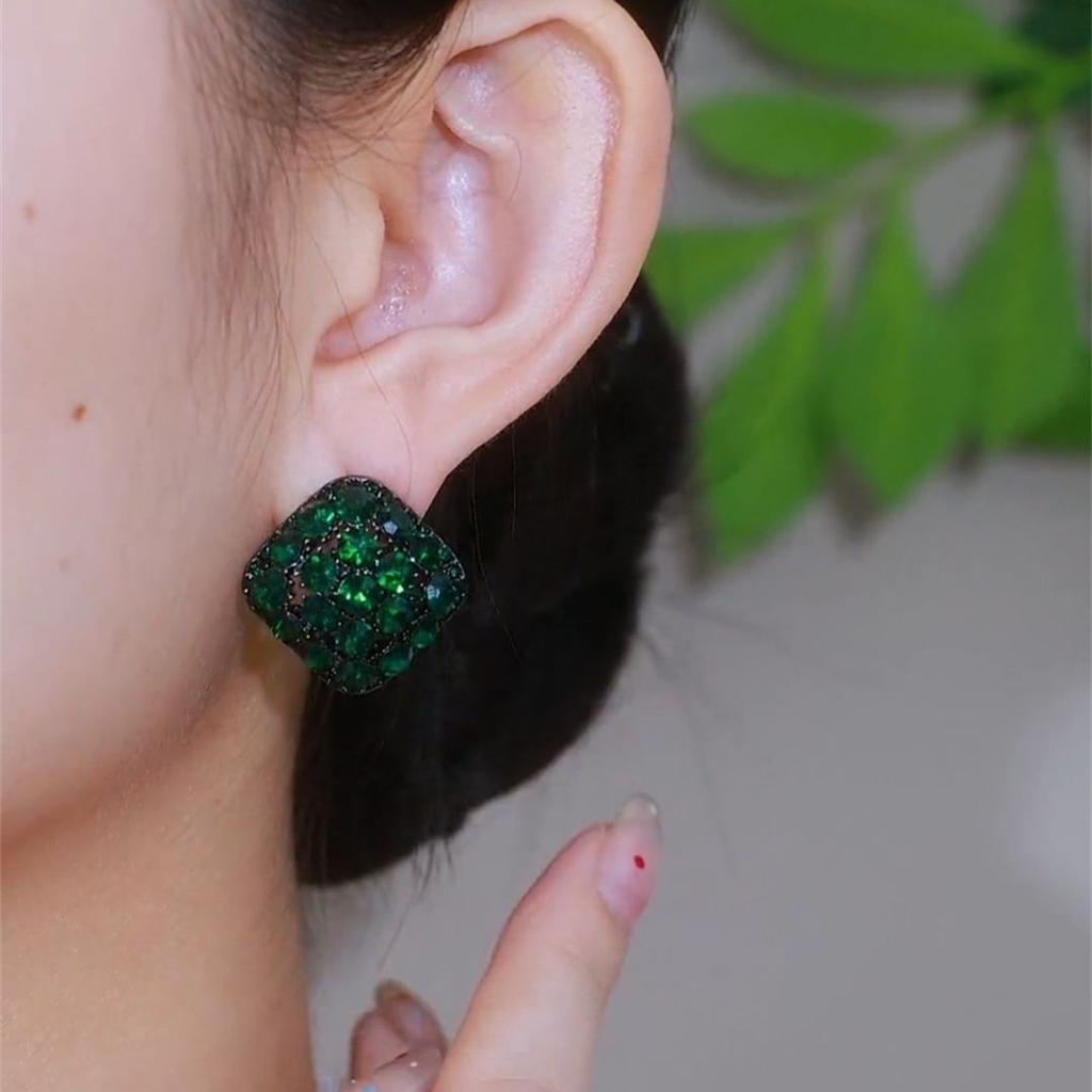 111 Silver Needle Retro Green Square Full Diamond Stud Earrings Women's Medieval Style Earrings Design Sense Light Luxury Earrings