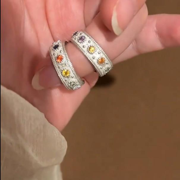 Brushed Color Cubic Zirconia Ring: Women's Light Luxury, Retro, Colorful Trendy Index Finger Ring, Couple Matching