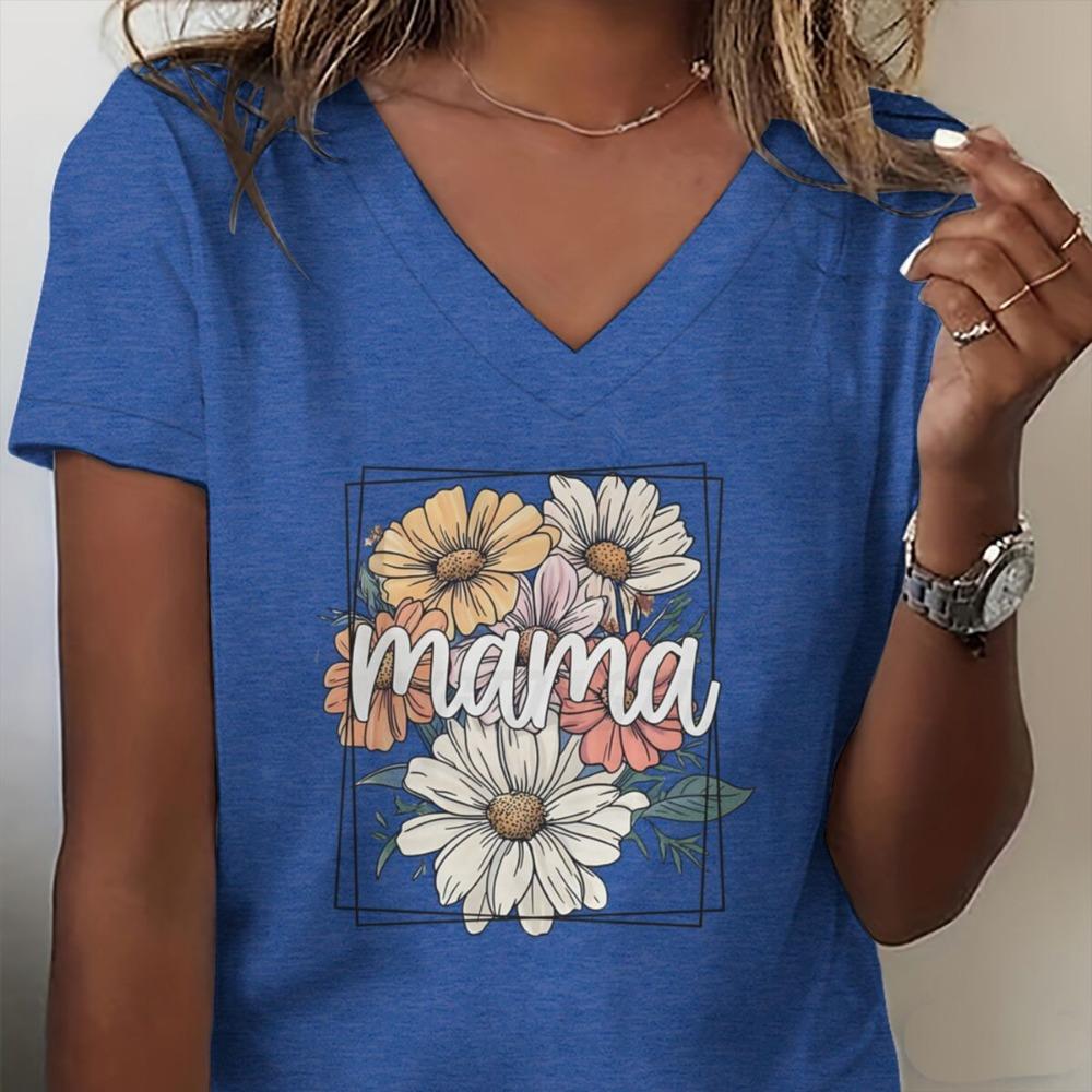 Flower Mama Boho Vintage T-shirt Happy Mother's Day Gift Classic Tops Mama V-neck T Shirts Casual Short Sleeve Tee