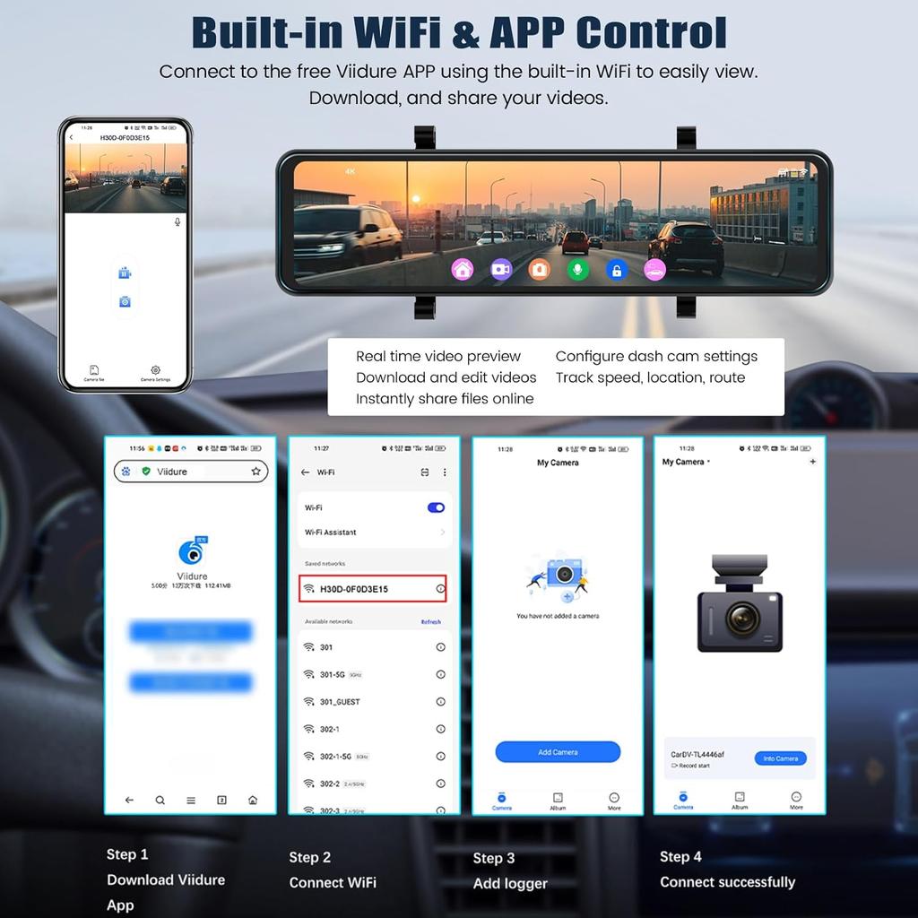 10.88' 4K Mirror Dash Cam, Dual Rear View, Night Vision, G-Sensor, APP Control, Loop Recording