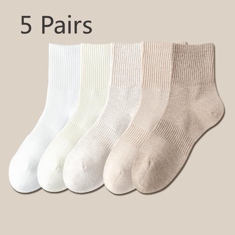 5 Pairs of Girls Spring and Autumn Pure Color Anti Pilling Boneless High Rubber Tube Socks
