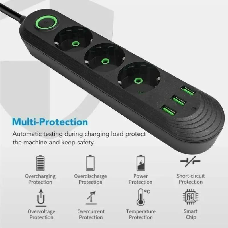 EU Plug Power Strip with 3 USB Ports 2M Cable Extension Cord Socket Network Filter Round Pin AC Outlet Electrical Charge Adapter
