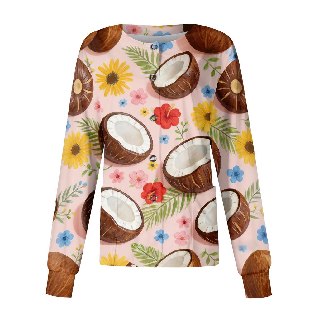 Women's Casual Long Sleeve Hawaiian Floral Print Single Button Scrub Cardigan Top for Uniform