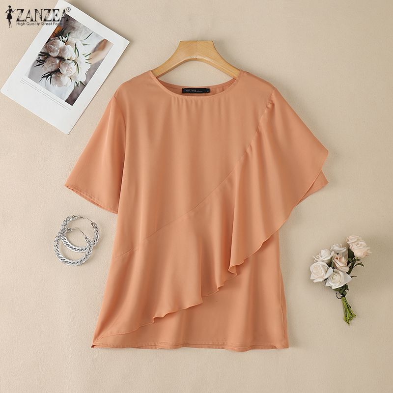 ZANZEA Women Casual Round Neck Solid Color Loose Half Sleeve Blouse