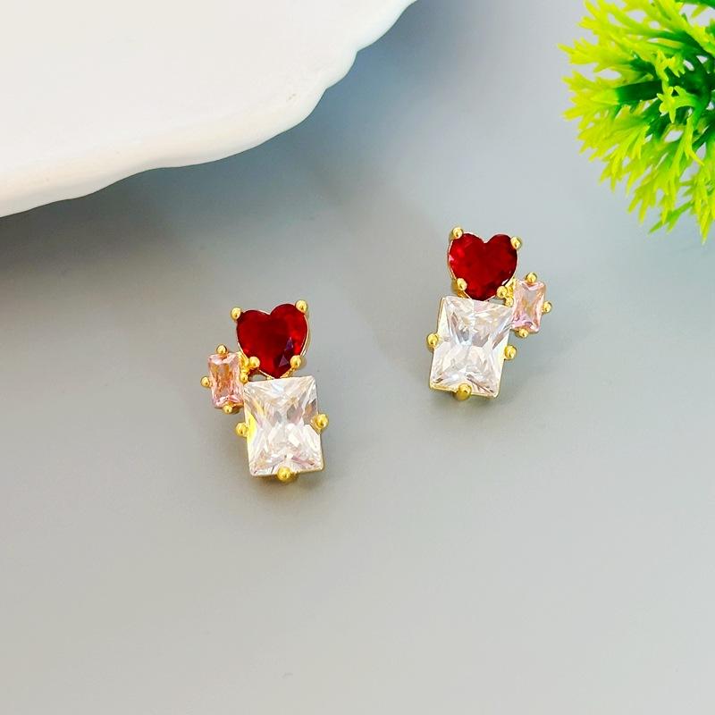 High-End Love Square Earrings Women S Light Luxury Super Flash Zircon Contrasting Earrings