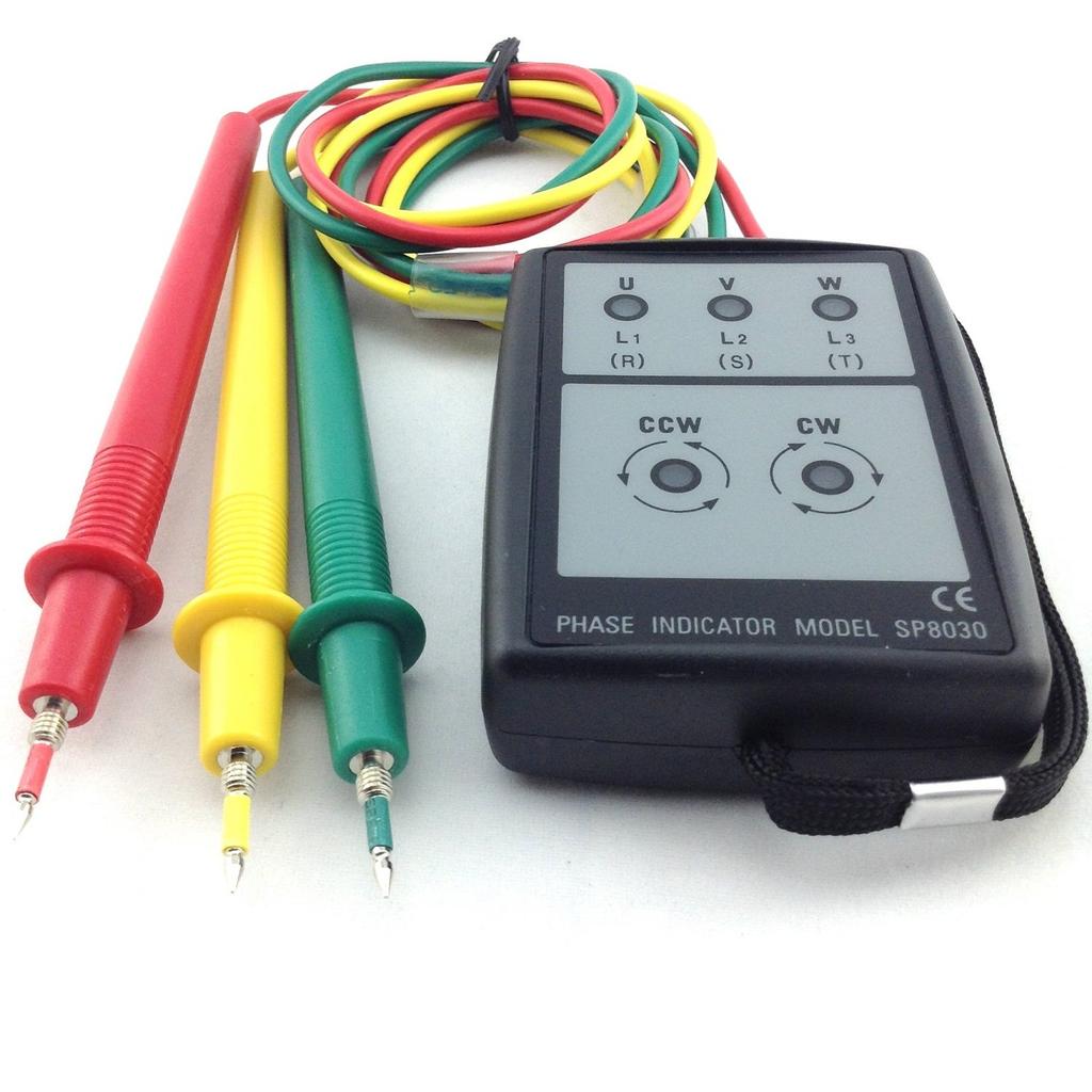 Three-phase phase tester with LED, buzzer, and case. Suitable for use with transformers, inverters, circuit breakers, outlets, cords, extension cords,