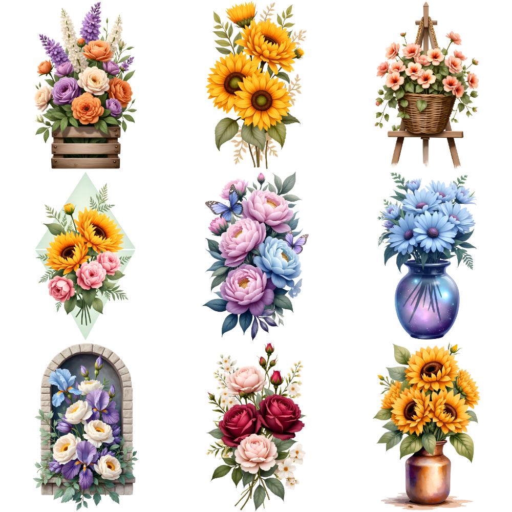 9pcs Temporary Tattoo Flower Bouquets Illustration Floral Arrangements Waterproof Long-lasting Body Stickers For Children