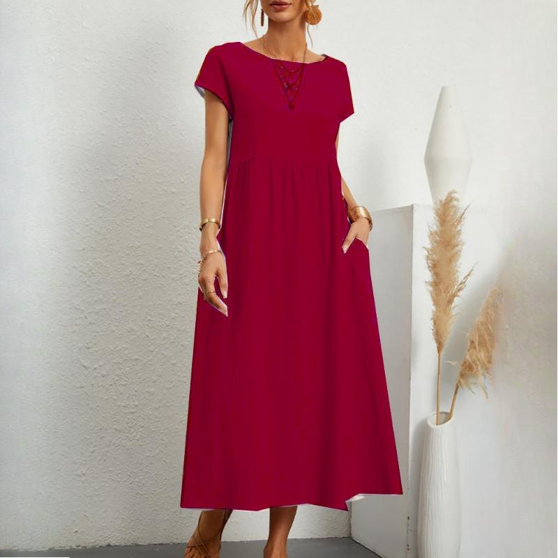 

Женская мода лето весна однотонный принт О-образный вырез высокая талия повседневные платья XXXXXL красный