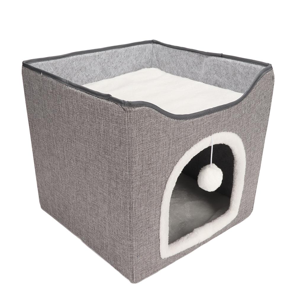Cat House Foldable Enclosed Warm Breathable Cat Cave Bed with Scratcher Plush Ball for Indoor Gray