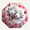 Tiger Cubs Roses Automatic Folding Umbrella  8 Ribs, Durable Iron Frame, Bright Color Pattern Compact Travel Umbrella, Suitable for Outdoor,
