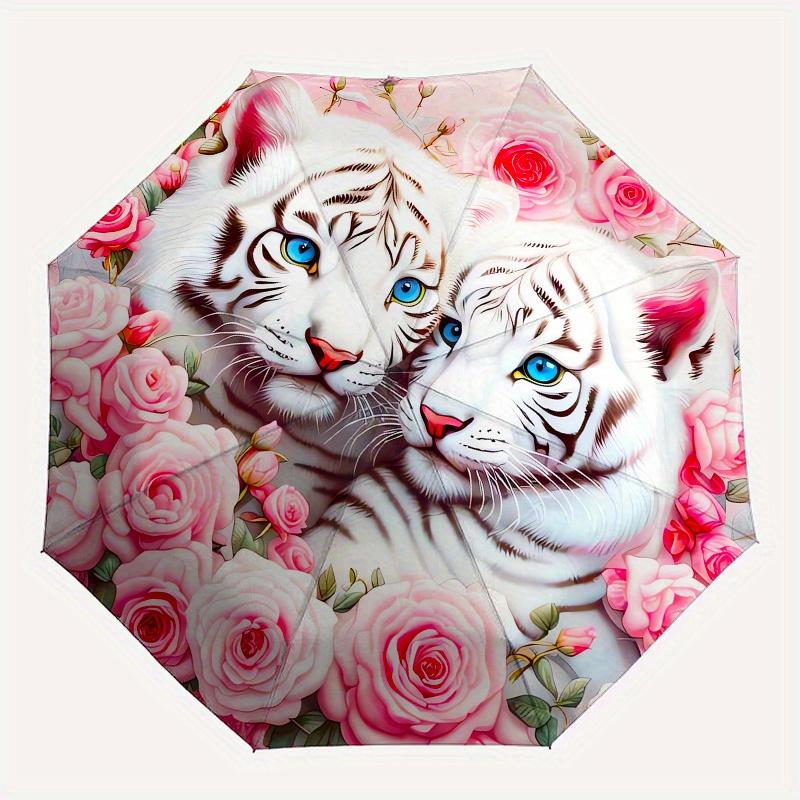 Tiger Cubs Roses Automatic Folding Umbrella 8 Ribs, Durable Iron Frame, Bright Color Pattern Compact Travel Umbrella, Suitable for Outdoor,