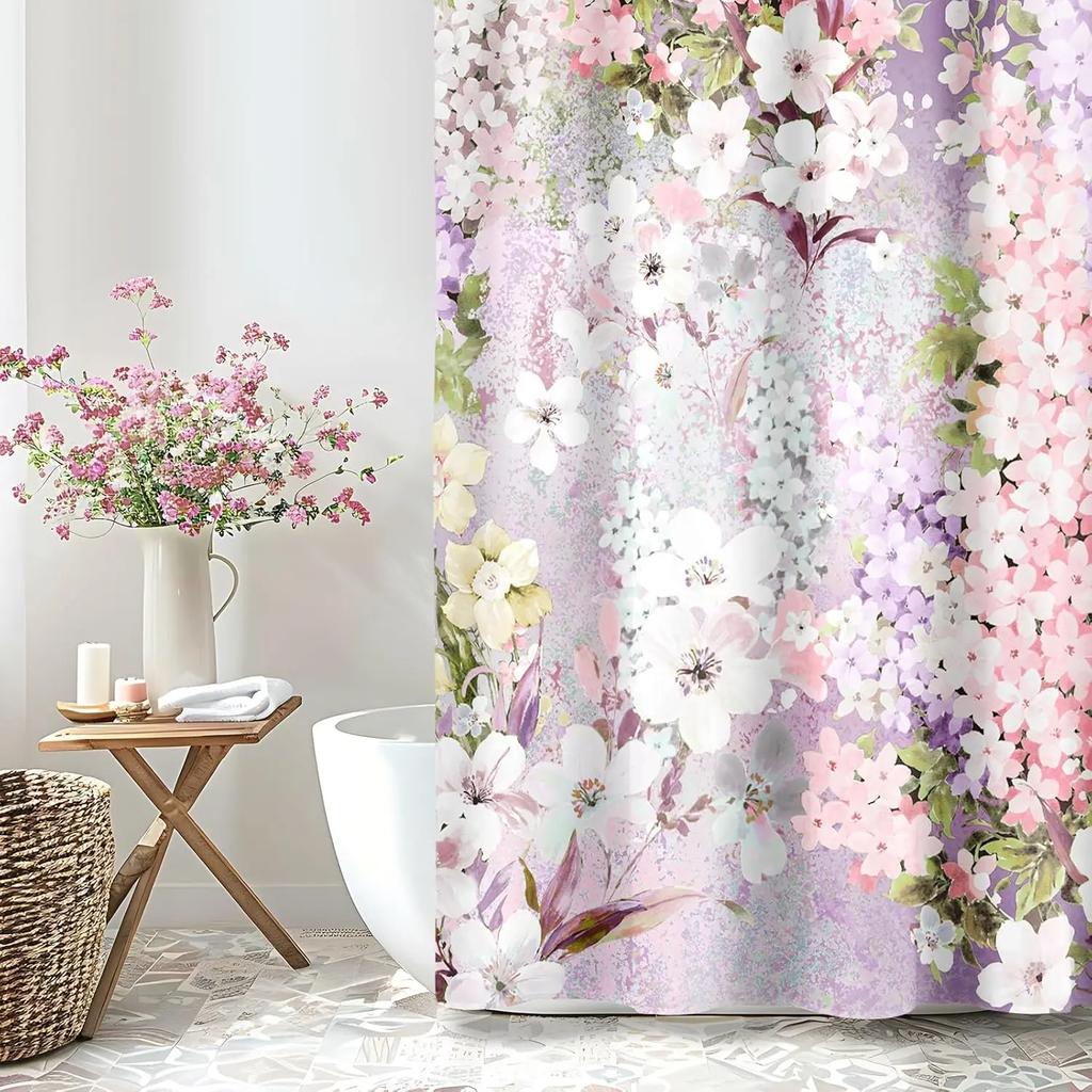 Purple Cute Floral Shower Curtain Color Pink Flower Fabric Bathroom Shower Curtain, Watercolor Cloth Shower Curtain