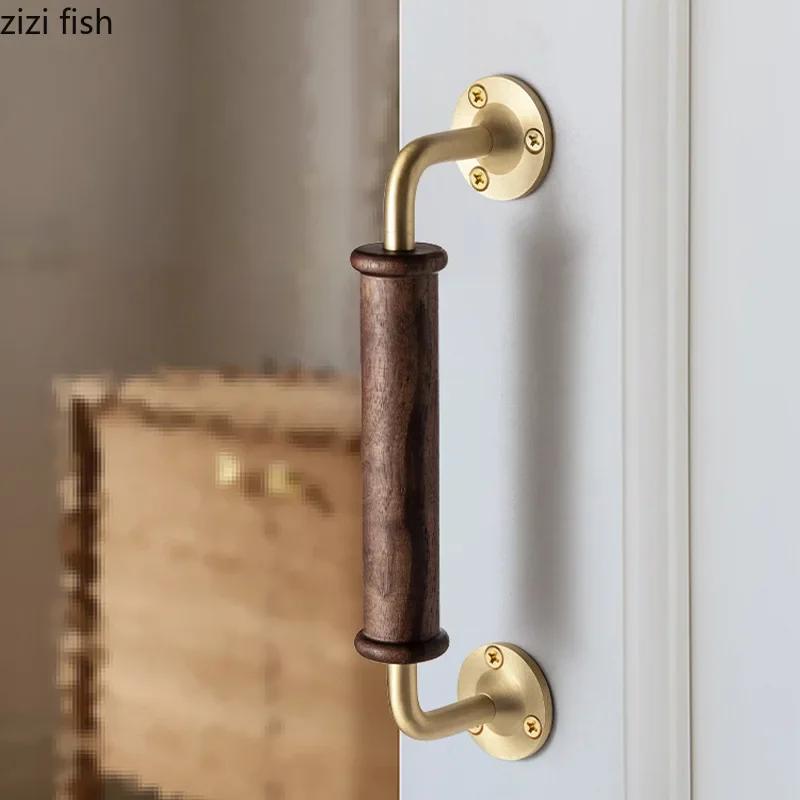 Walnut Wood Brass Handle Retro Door Handles Furniture Handle Cabinet Handles Solid Wood Handle Home Door Hardware Accessories