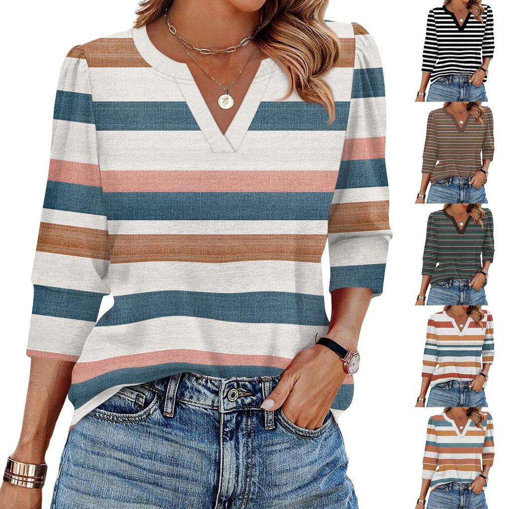 Women's Fashion Casual 3/4 Sleeve Print Shirt Women's V-Neck Tops