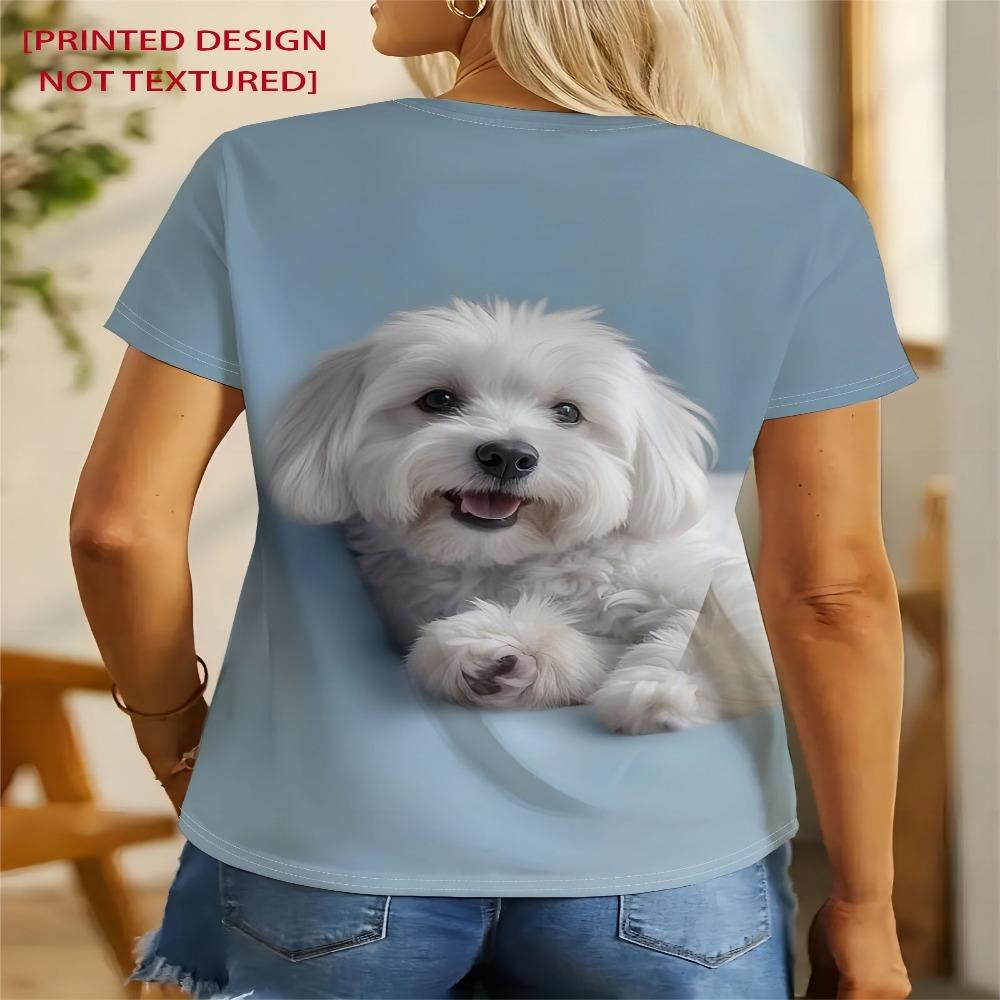 Smiling Little White Dog Printed Short Sleeve T-Shirt, Women'S Fashion Top, Women'S Summer Round Neck T-Shirt