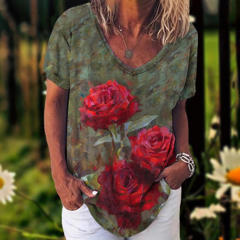 

Новинка 2023 года, женская футболка, летние винтажные топы с цветочным принтом, повседневная блузка с v-образным вырезом, модный женский пуловер большого размера, женская одежда 6XL