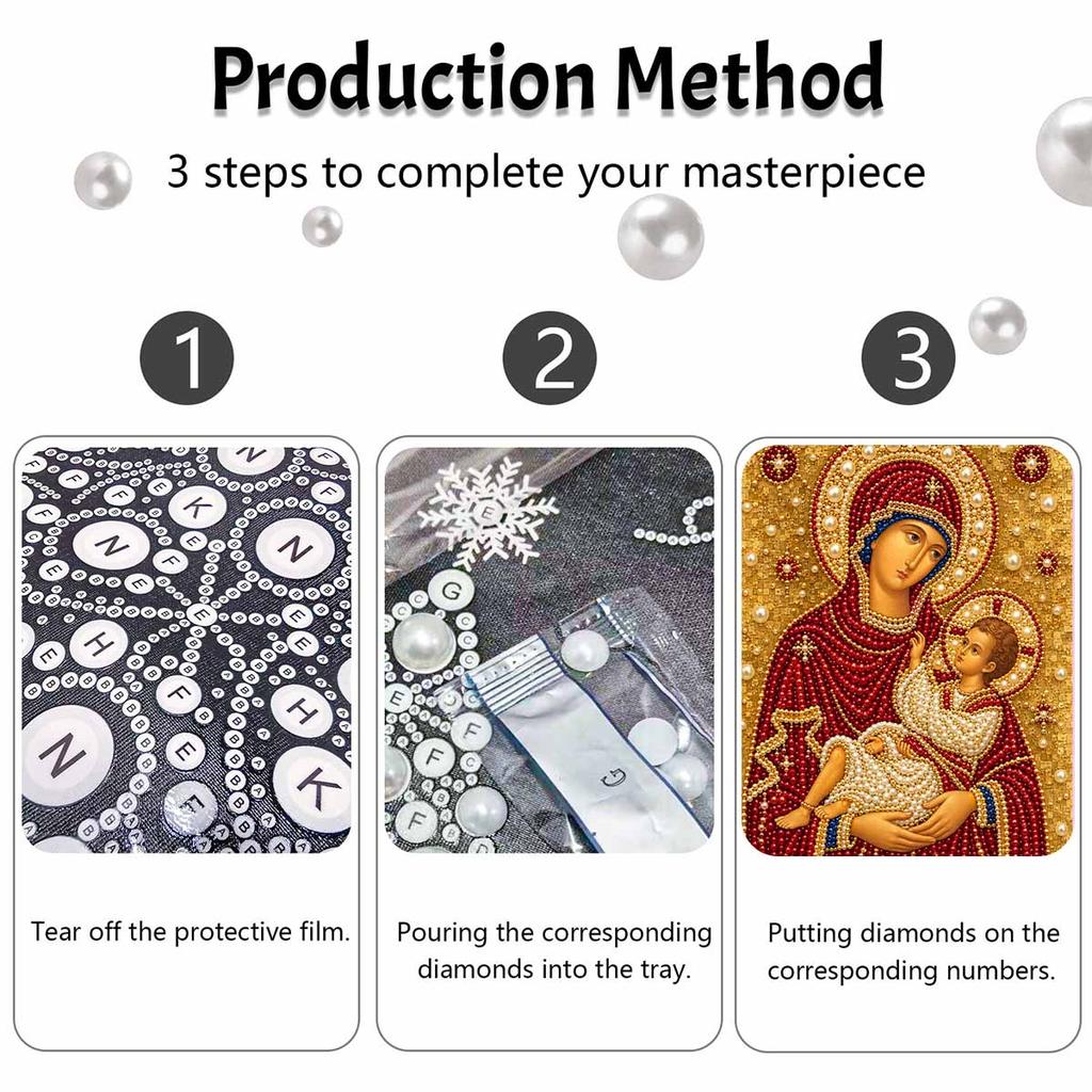 5D Framed Pearl Painting Kit Virgin Mary and Child Pattern Sparkling Bead Art Canvas Ready to Display Romantic Home Decor Gift