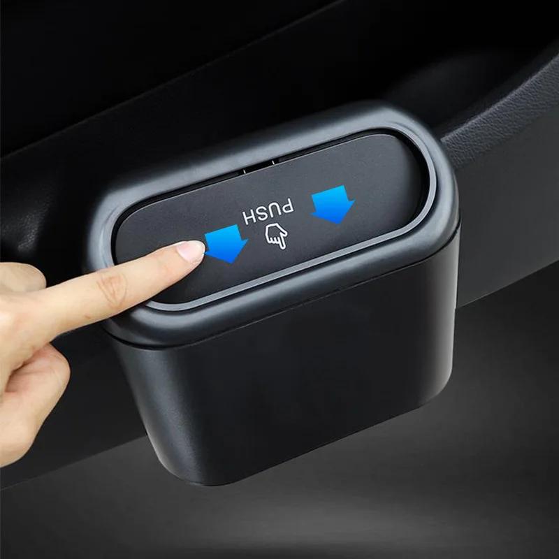 Hanging Car Trash Can with Lid Mini Tray Dustbin Garbage Box Trash Car Interior Storage Case Trash Bin Push Can Car Accessories