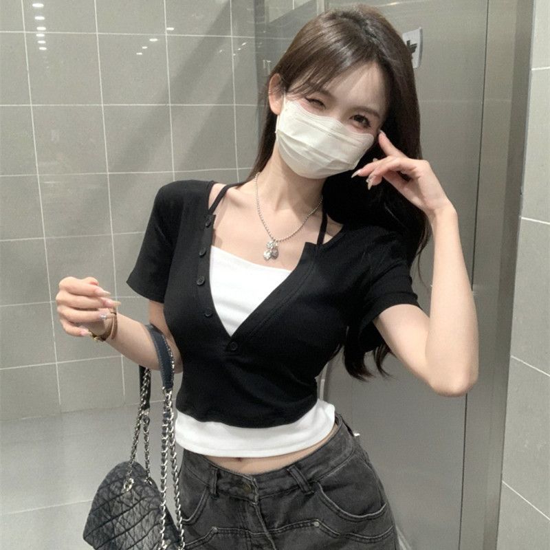 Women's Short Sleeved T-shirt Fake Two-piece Summer New Slim Fit Pure Desire Style Short Cropped Top