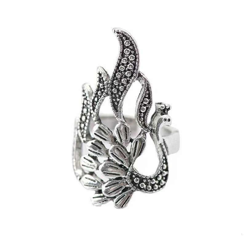 European and American Retro Ring, Adjustable Peacock Hollow Open Screen Feather Jewelry