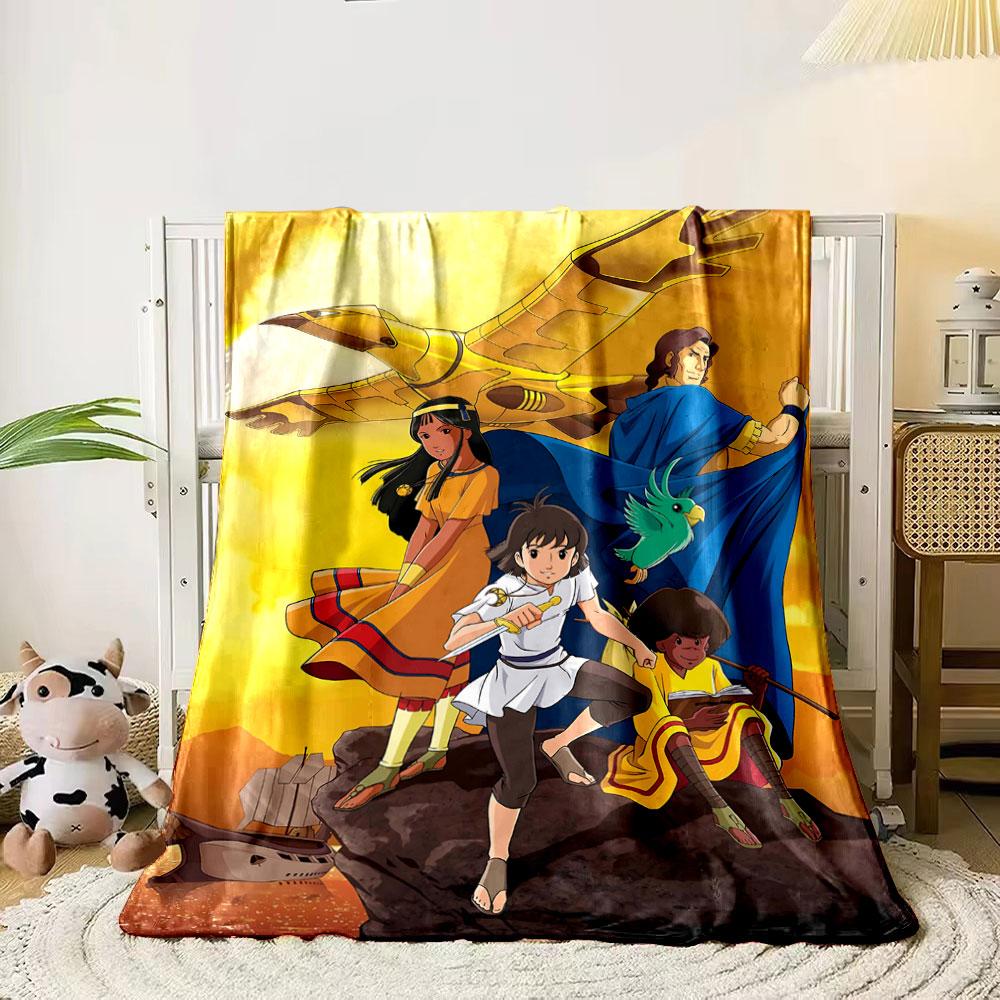 

A golden bird, adventurers, and a ship against a vibrant yellow sky. for all seasons blanket lunch break throw gift 80cm x 120cm
