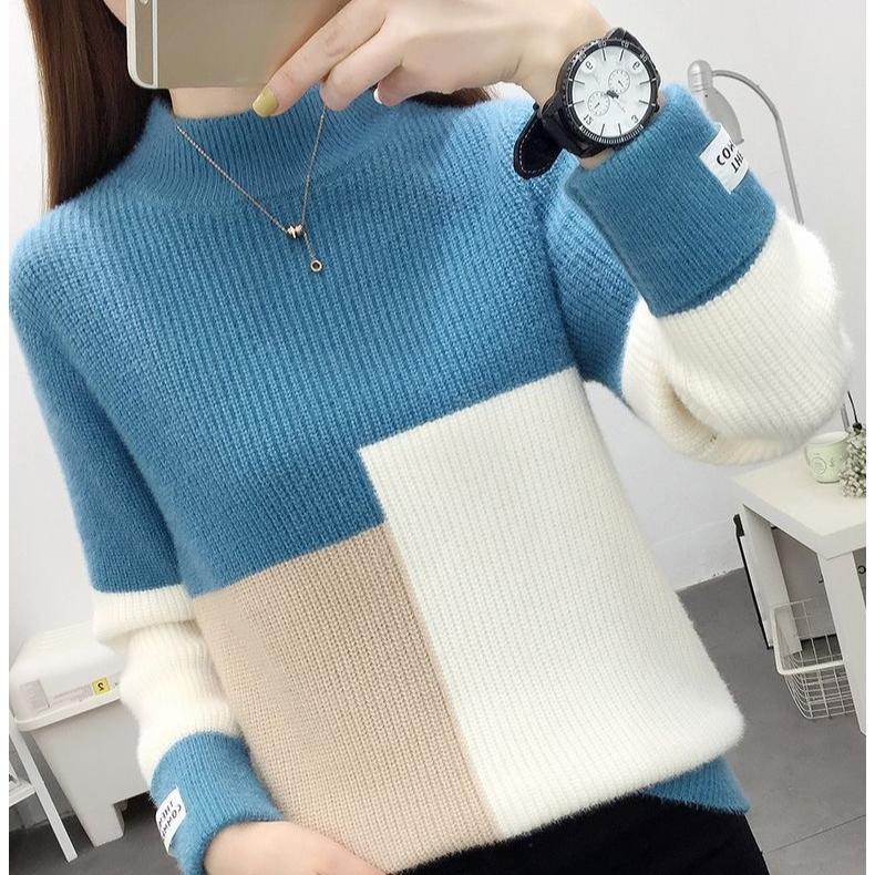 Women's Mink Fleece Sweater Autumn and Winter Half-turtleneck Knitwear Color-blocked Half-turtleneck Pullover Sweater