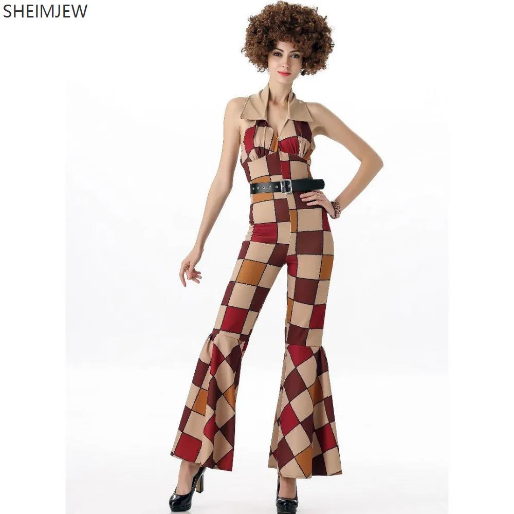 Couple Retro Disco Plaid Costume Role Playing Game Uniform Adult Men Women Combination 70s Hippie Stage Bar Rock Performance Pan