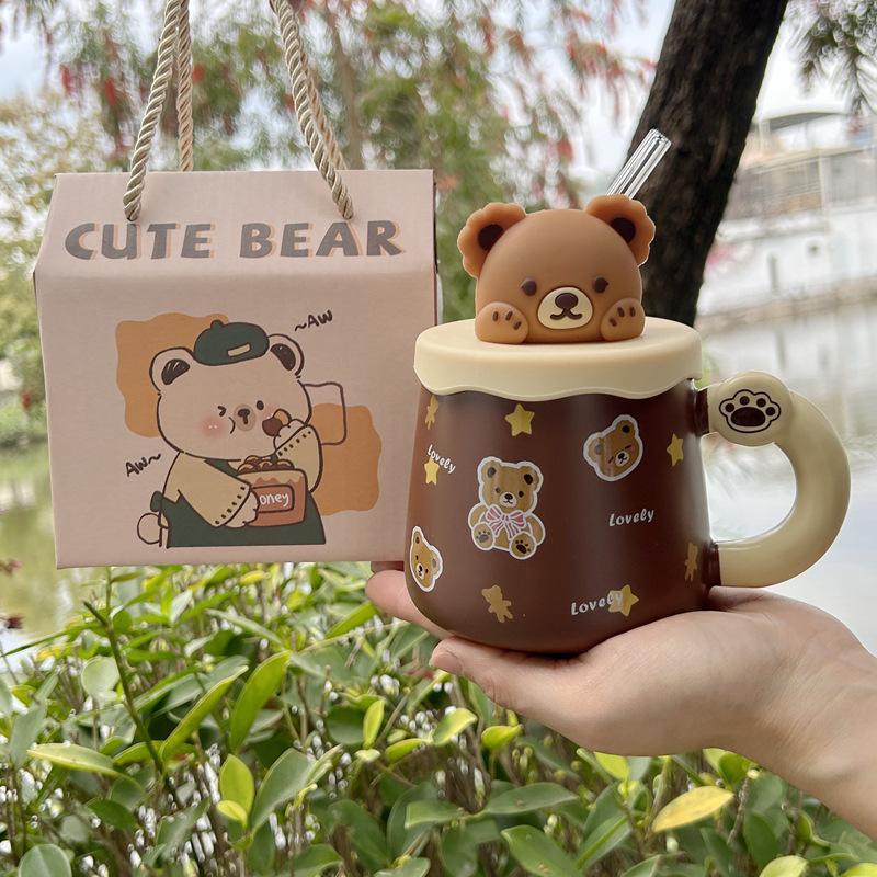 Korean version bear mug large capacity with lid straw creative cup cute coffee cup drinking cup gift box