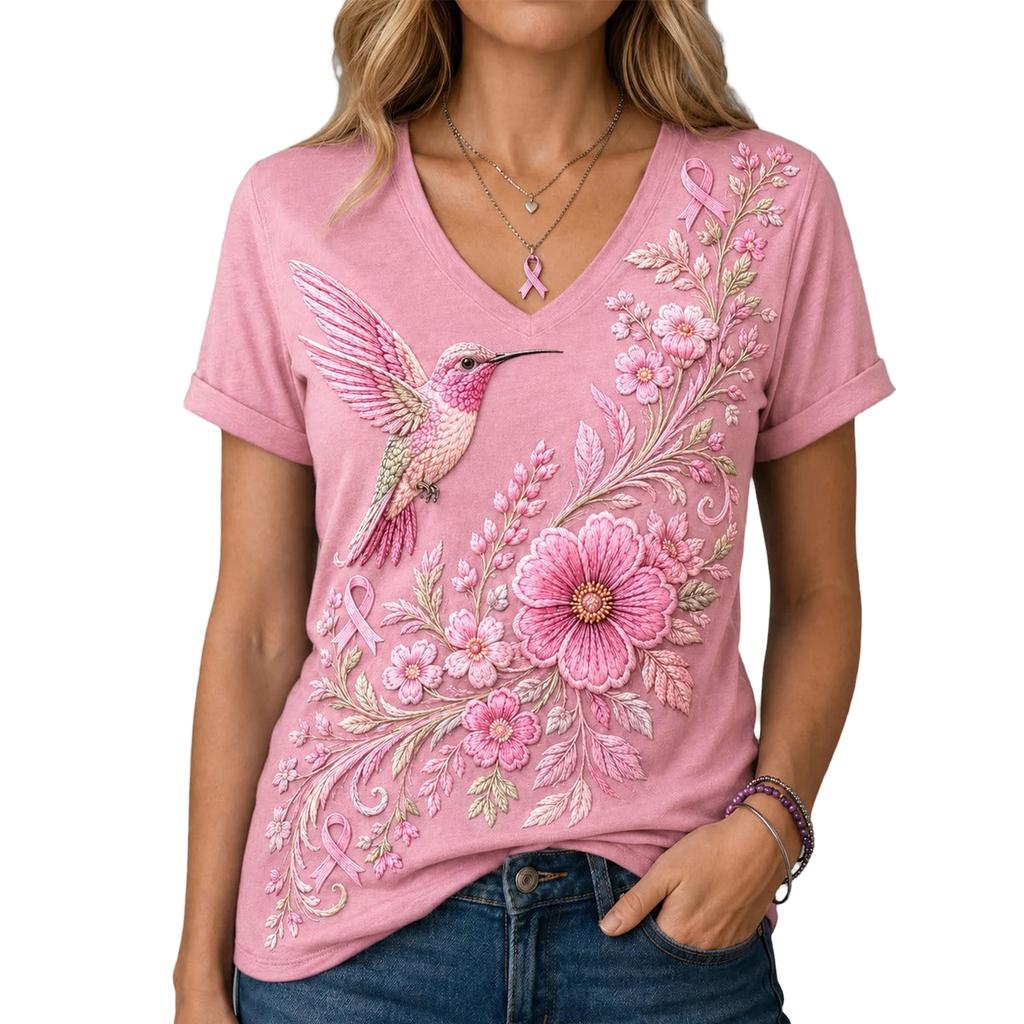 Women's V-Neck Short Sleeve Printed T-Shirt Casual Pullover Top