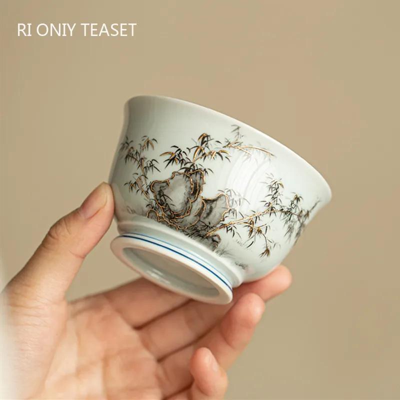 1 Pc Chinese Blue and White Ceramic Tea Cup Handmade Landscape Bamboo Leaf Teacup Porcelain Tea Bowl Teaware Master Cup 130ml