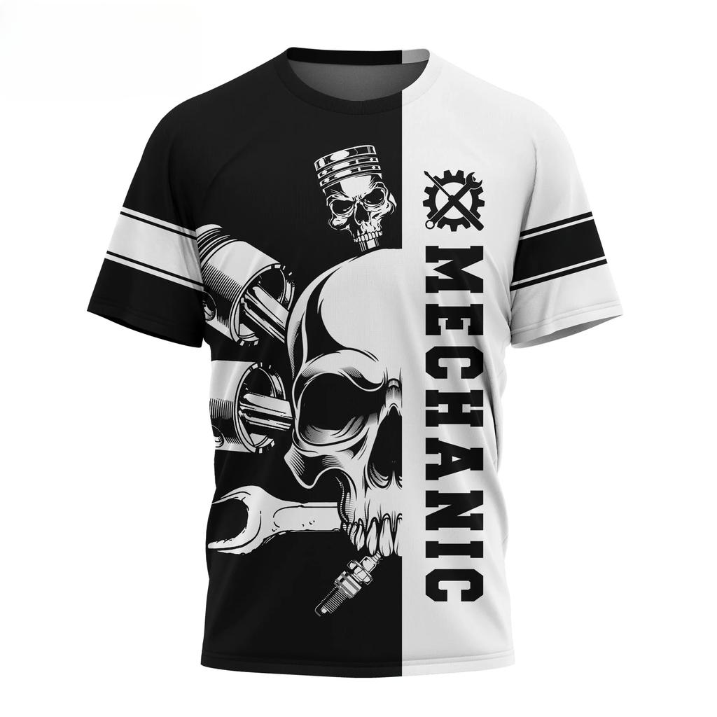Letnie T-shirty męskie z okrągłym dekoltem, z nadrukiem 3D wzoru mechanicznej czaszki, modne, codzienne, z krótkim rękawem