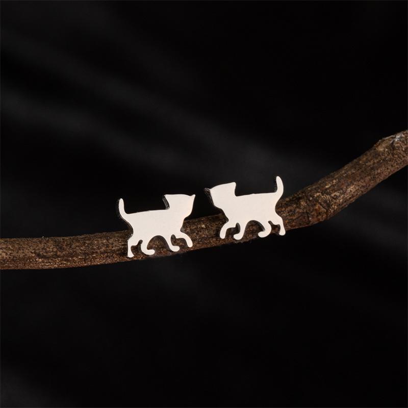 Korean Fashion Stainless Steel Cat Ear Studs - Cute Mini Animal Design for Women